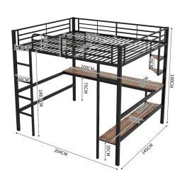 Lit mezzanine 140x200 cm - Lit avec bureau et étagères - Métal + MDF - Sans matelas - Noir