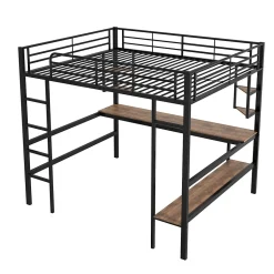 Lit mezzanine 140x200 cm - Lit avec bureau et étagères - Métal + MDF - Sans matelas - Noir