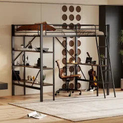 Lit mezzanine 90x200 cm - Lit avec bureau intégré - Structure métal - Sans matelas - Noir