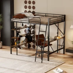 Lit mezzanine 90x200 cm - Lit avec bureau intégré - Structure métal - Sans matelas - Noir