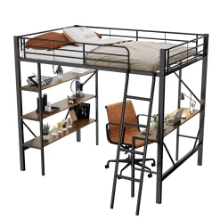 Lit mezzanine 90x200 cm - Lit avec bureau intégré - Structure métal - Sans matelas - Noir