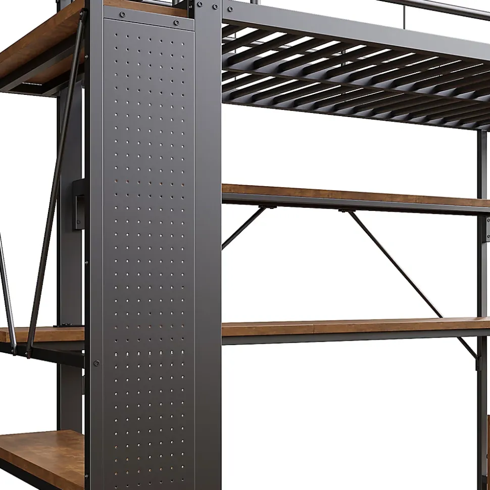 Lit Mezzanine 90x200 cm - Lit Ado avec Bureau Intégré, LED et Ports USB, Panneau Perforé et Rangement, Métal + MDF, Noir