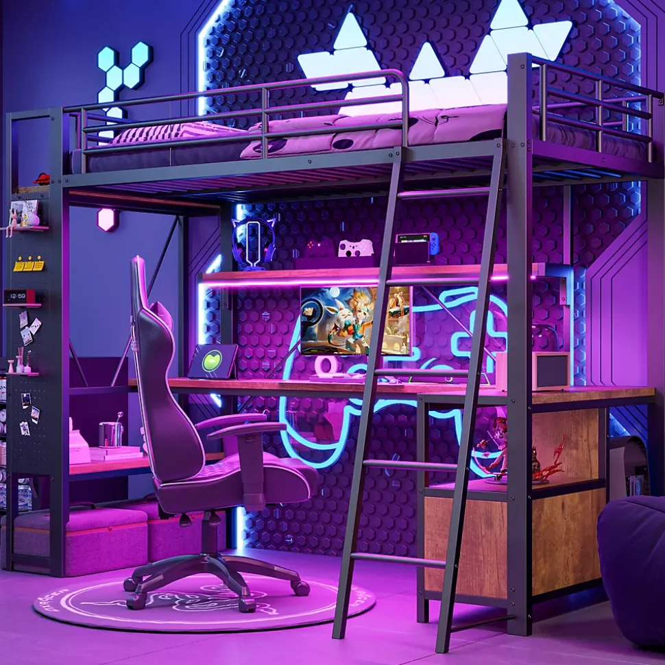 Lit Mezzanine 90x200 cm - Lit Ado avec Bureau Intégré, LED et Ports USB, Panneau Perforé et Rangement, Métal + MDF, Noir