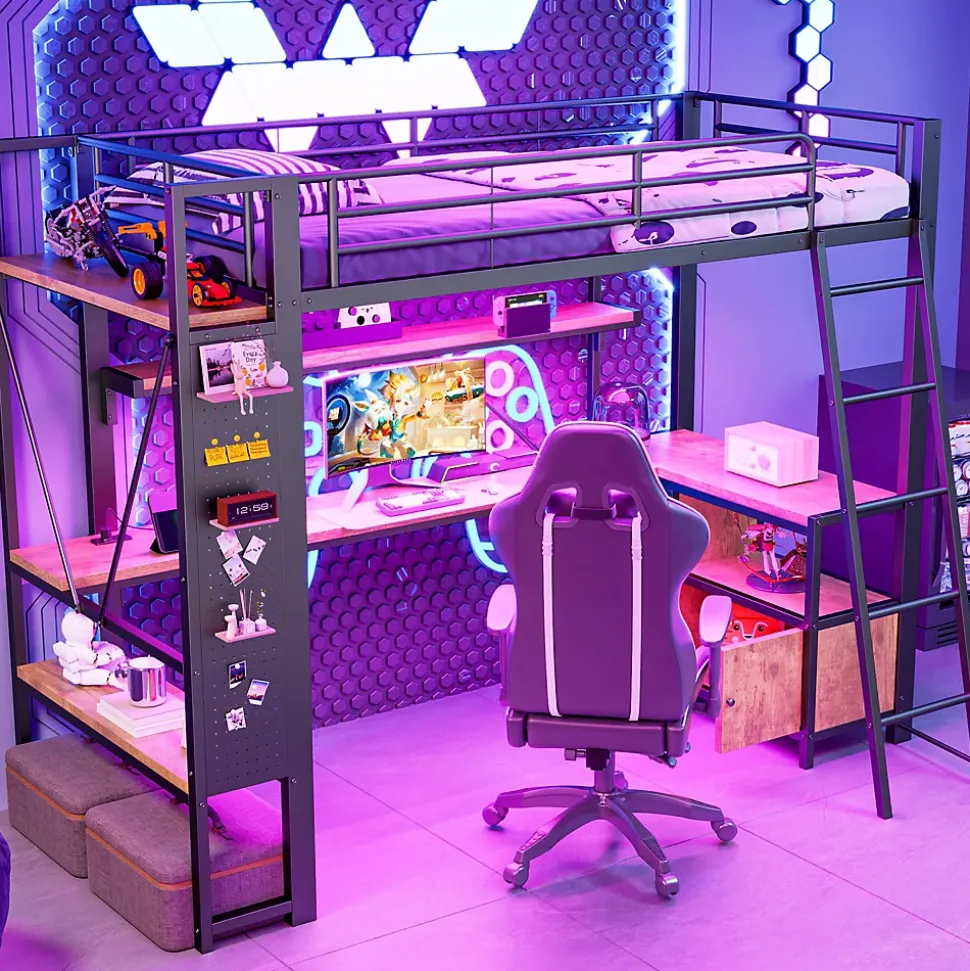 Lit Mezzanine 90x200 cm - Lit Ado avec Bureau Intégré, LED et Ports USB, Panneau Perforé et Rangement, Métal + MDF, Noir