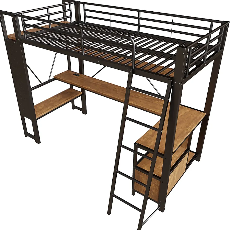 Lit Mezzanine 90x200 cm - Lit Ado avec Bureau Intégré, LED et Ports USB, Panneau Perforé et Rangement, Métal + MDF, Noir