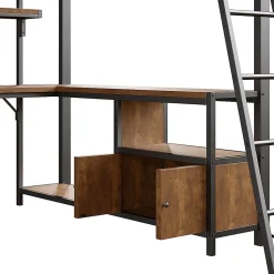 Lit Mezzanine 90x200 cm - Lit Ado avec Bureau Intégré, LED et Ports USB, Panneau Perforé et Rangement, Métal + MDF, Noir