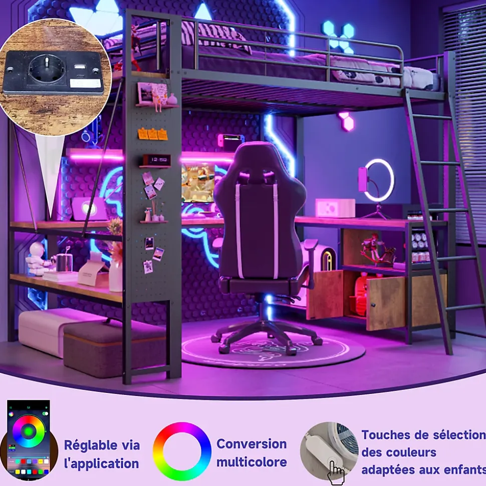 Lit Mezzanine 90x200 cm - Lit Ado avec Bureau Intégré, LED et Ports USB, Panneau Perforé et Rangement, Métal + MDF, Noir