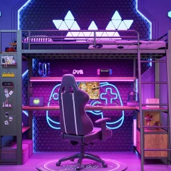 Lit Mezzanine 90x200 cm - Lit Ado avec Bureau Intégré, LED et Ports USB, Panneau Perforé et Rangement, Métal + MDF, Noir