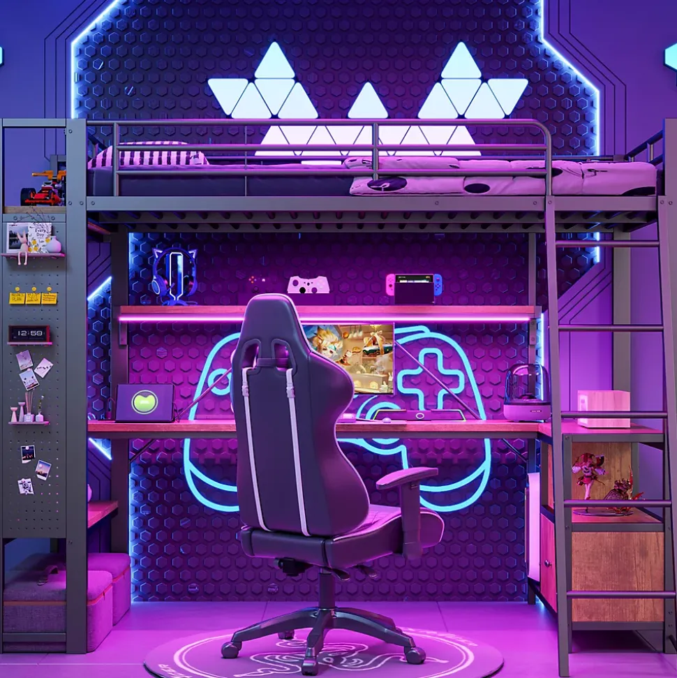 Lit Mezzanine 90x200 cm - Lit Ado avec Bureau Intégré, LED et Ports USB, Panneau Perforé et Rangement, Métal + MDF, Noir