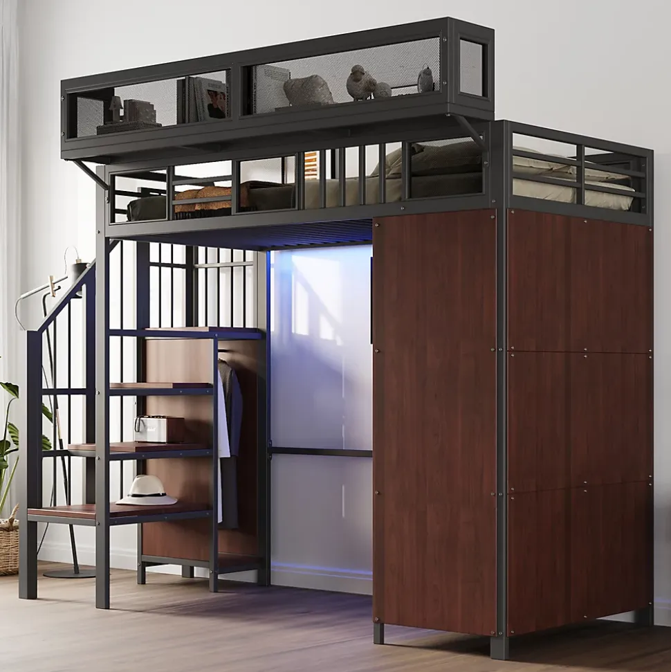 Lit Mezzanine 90x200 cm - Lit Ado avec Armoire et Éclairage LED, Garde-Corps en Filet - Sans Matelas - Métal et MDF - Noir
