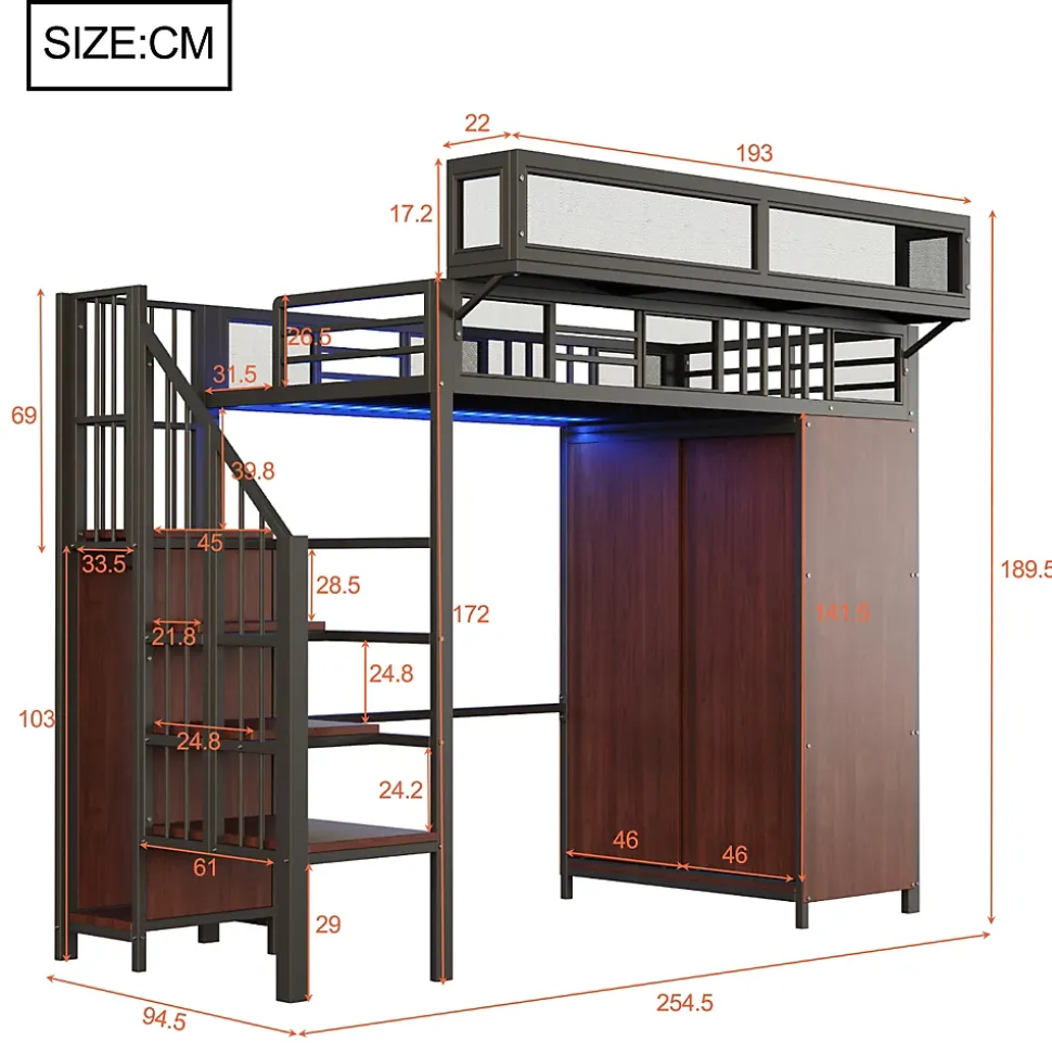 Lit Mezzanine 90x200 cm - Lit Ado avec Armoire et Éclairage LED, Garde-Corps en Filet - Sans Matelas - Métal et MDF - Noir