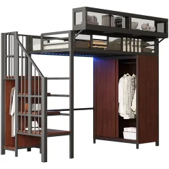 Lit Mezzanine 90x200 cm - Lit Ado avec Armoire et Éclairage LED, Garde-Corps en Filet - Sans Matelas - Métal et MDF - Noir