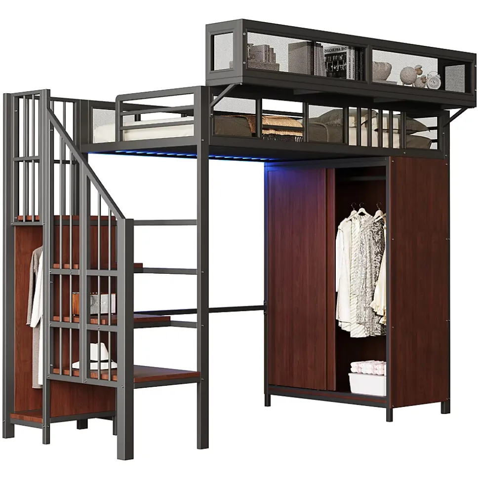 Lit Mezzanine 90x200 cm - Lit Ado avec Armoire et Éclairage LED, Garde-Corps en Filet - Sans Matelas - Métal et MDF - Noir
