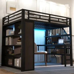 Lit Mezzanine 140x200 cm - Lit Ado avec Bureau Intégré, LED et Escalier de Rangement, Métal + MDF, Noir