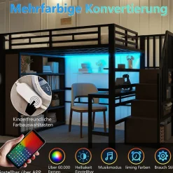 Lit Mezzanine 140x200 cm - Lit Ado avec Bureau Intégré, LED et Escalier de Rangement, Métal + MDF, Noir