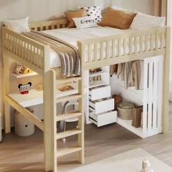 Lit Mezzanine 140x200 cm - Lit Ado avec Bureau Intégré, Armoire et 3 Tiroirs, Échelle et Garde-Corps, Bois Naturel - sans Matelas