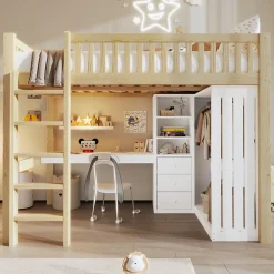 Lit Mezzanine 140x200 cm - Lit Ado avec Bureau Intégré, Armoire et 3 Tiroirs, Échelle et Garde-Corps, Bois Naturel - sans Matelas