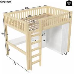 Lit Mezzanine 140x200 cm - Lit Ado avec Bureau Intégré, Armoire et 3 Tiroirs, Échelle et Garde-Corps, Bois Naturel - sans Matelas