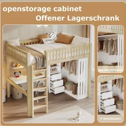 Lit Mezzanine 140x200 cm - Lit Ado avec Bureau Intégré, Armoire et 3 Tiroirs, Échelle et Garde-Corps, Bois Naturel - sans Matelas