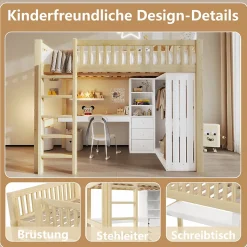 Lit Mezzanine 140x200 cm - Lit Ado avec Bureau Intégré, Armoire et 3 Tiroirs, Échelle et Garde-Corps, Bois Naturel - sans Matelas