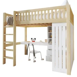 Lit Mezzanine 140x200 cm - Lit Ado avec Bureau Intégré, Armoire et 3 Tiroirs, Échelle et Garde-Corps, Bois Naturel - sans Matelas