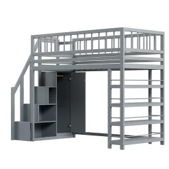 Lit mezzanine 90x200 cm - Lit ados avec clôture, penderie et étagères - Bois - Sans matelas - Gris