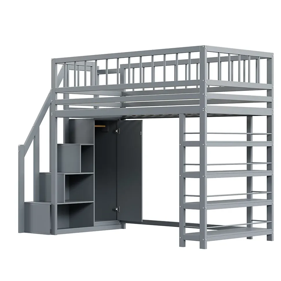 Lit mezzanine 90x200 cm - Lit ados avec clôture, penderie et étagères - Bois - Sans matelas - Gris