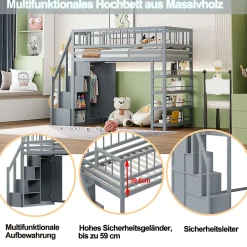 Lit mezzanine 90x200 cm - Lit ados avec clôture, penderie et étagères - Bois - Sans matelas - Gris