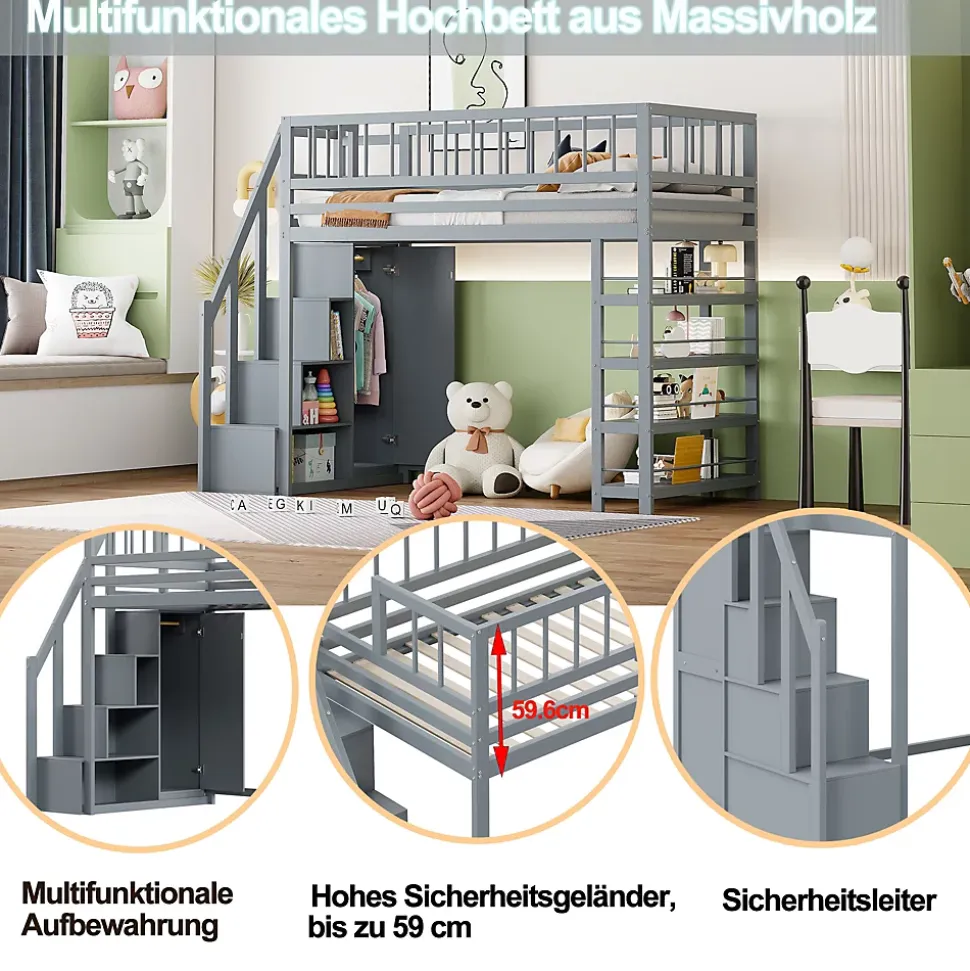 Lit mezzanine 90x200 cm - Lit ados avec clôture, penderie et étagères - Bois - Sans matelas - Gris