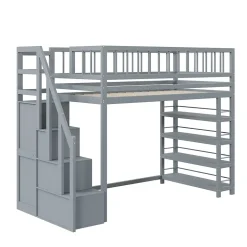 Lit mezzanine 90x200 cm - Lit ados avec clôture, penderie et étagères - Bois - Sans matelas - Gris
