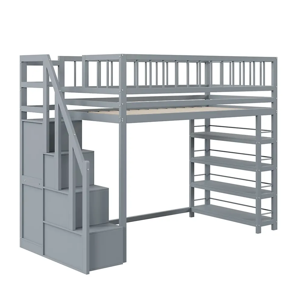 Lit mezzanine 90x200 cm - Lit ados avec clôture, penderie et étagères - Bois - Sans matelas - Gris