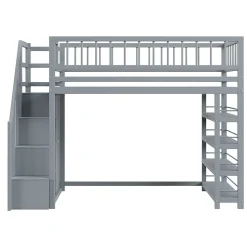 Lit mezzanine 90x200 cm - Lit ados avec clôture, penderie et étagères - Bois - Sans matelas - Gris