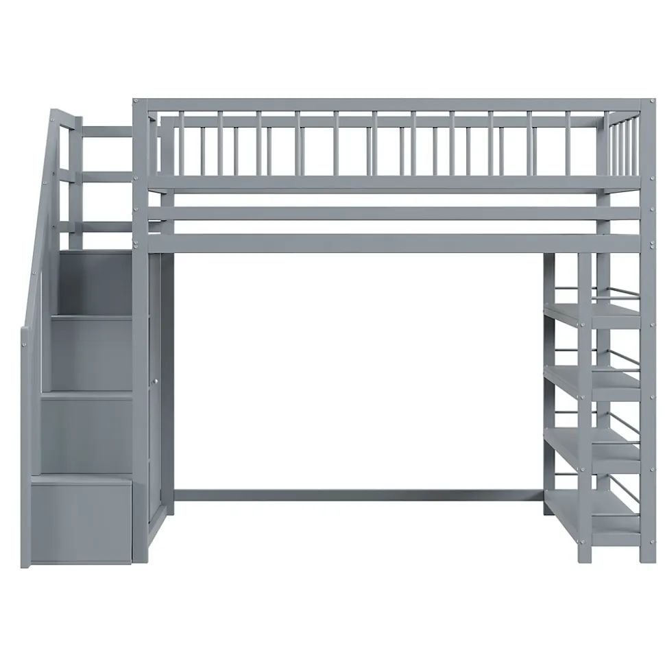 Lit mezzanine 90x200 cm - Lit ados avec clôture, penderie et étagères - Bois - Sans matelas - Gris