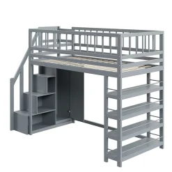 Lit mezzanine 90x200 cm - Lit ados avec clôture, penderie et étagères - Bois - Sans matelas - Gris