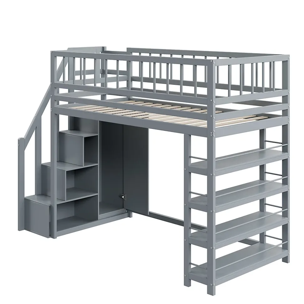 Lit mezzanine 90x200 cm - Lit ados avec clôture, penderie et étagères - Bois - Sans matelas - Gris