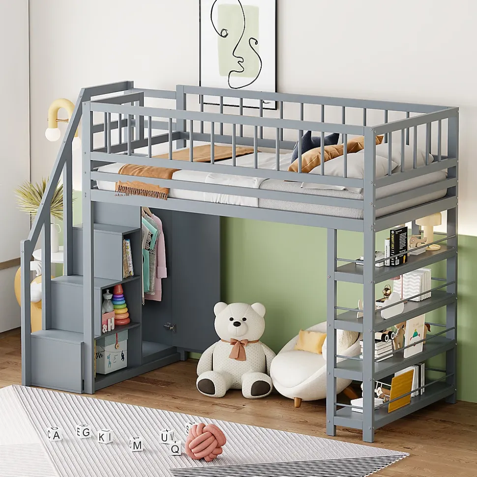 Lit mezzanine 90x200 cm - Lit ados avec clôture, penderie et étagères - Bois - Sans matelas - Gris
