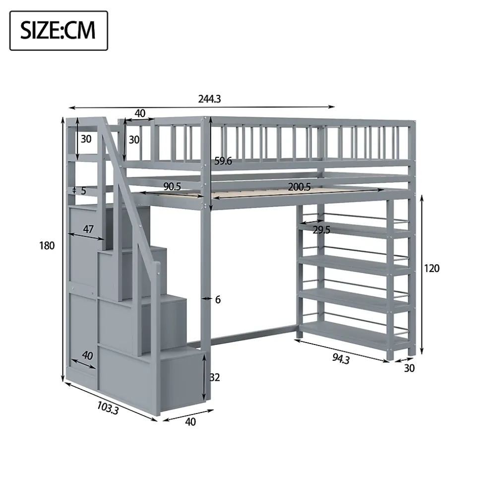 Lit mezzanine 90x200 cm - Lit ados avec clôture, penderie et étagères - Bois - Sans matelas - Gris
