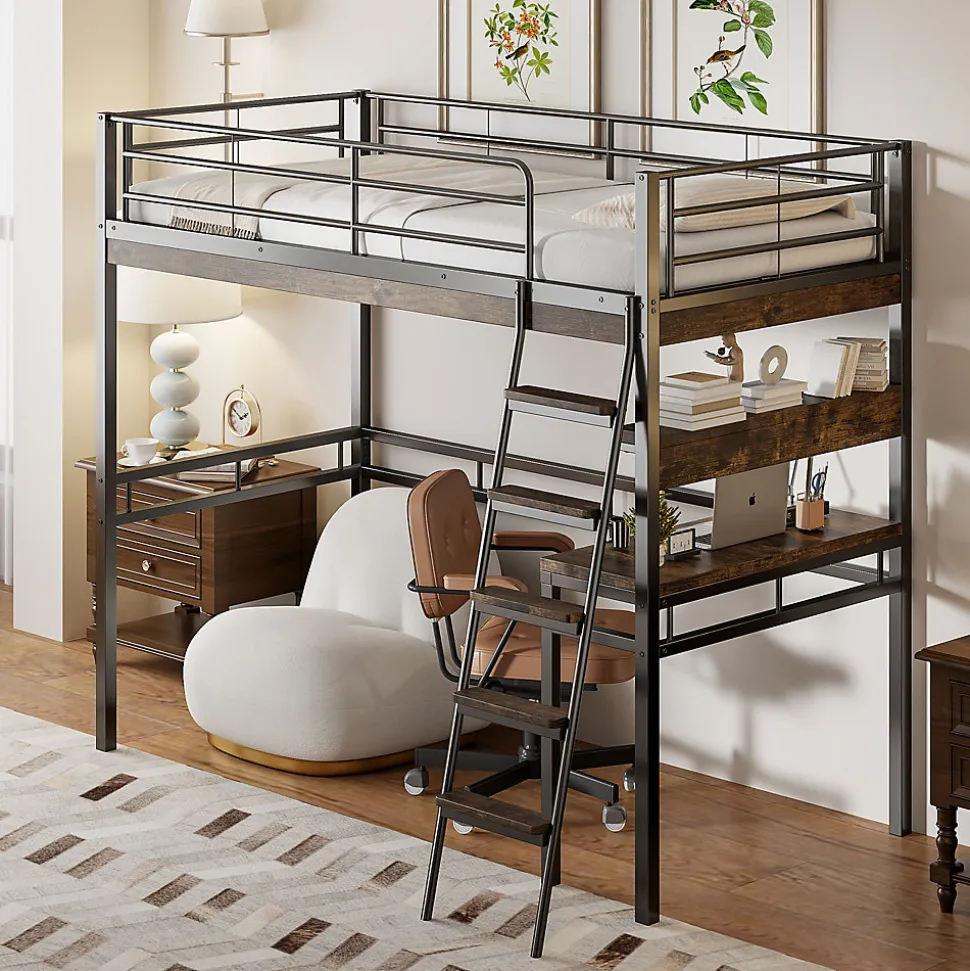 Lit Mezzanine 90x200 cm - Lit Ado avec Bureau et Étagères - Protection Anti-Chute Incluse - Métal et MDF - Noir - Sans Matelas