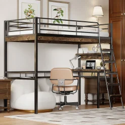 Lit Mezzanine 90x200 cm - Lit Ado avec Bureau et Étagères - Protection Anti-Chute Incluse - Métal et MDF - Noir - Sans Matelas