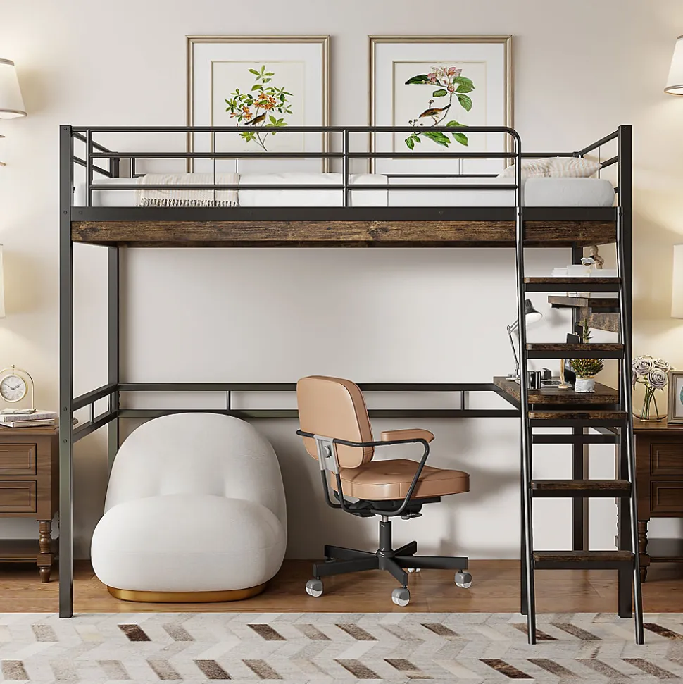 Lit Mezzanine 90x200 cm - Lit Ado avec Bureau et Étagères - Protection Anti-Chute Incluse - Métal et MDF - Noir - Sans Matelas