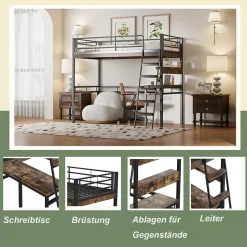 Lit Mezzanine 90x200 cm - Lit Ado avec Bureau et Étagères - Protection Anti-Chute Incluse - Métal et MDF - Noir - Sans Matelas