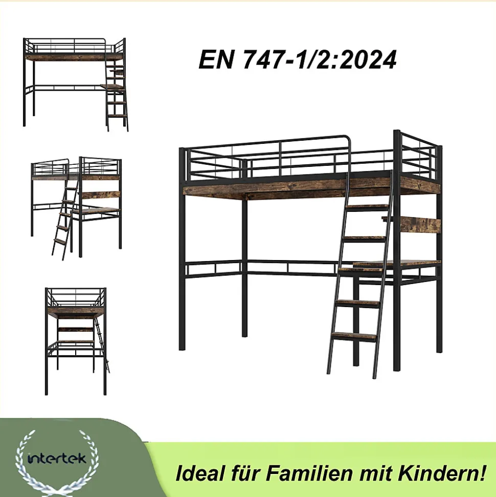 Lit Mezzanine 90x200 cm - Lit Ado avec Bureau et Étagères - Protection Anti-Chute Incluse - Métal et MDF - Noir - Sans Matelas