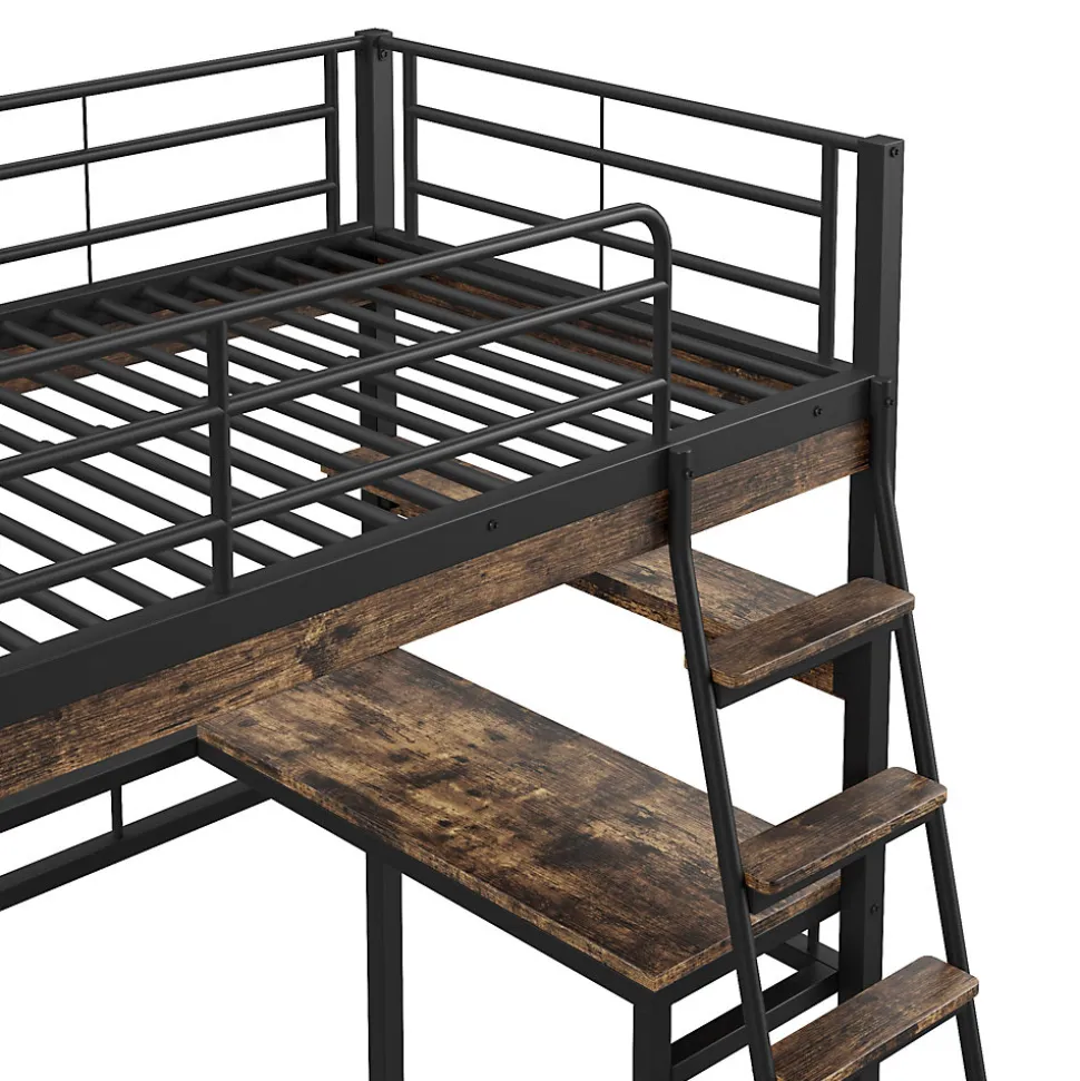 Lit Mezzanine 90x200 cm - Lit Ado avec Bureau et Étagères - Protection Anti-Chute Incluse - Métal et MDF - Noir - Sans Matelas