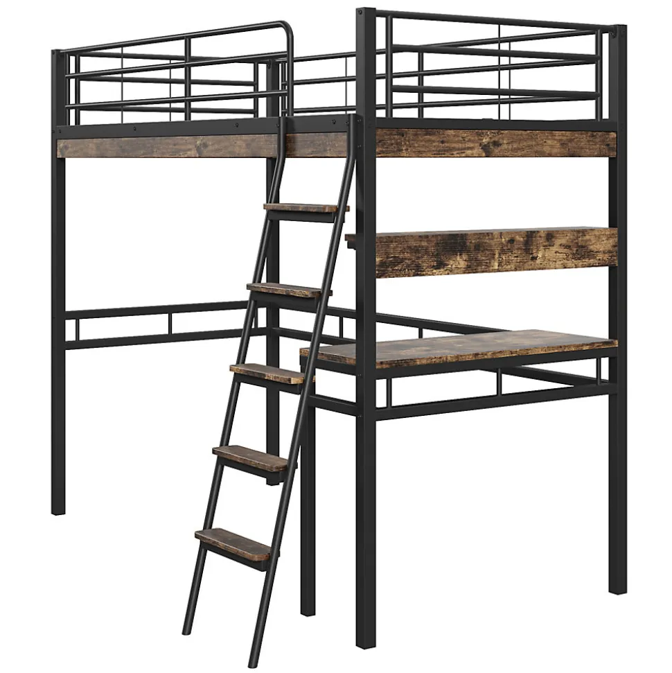 Lit Mezzanine 90x200 cm - Lit Ado avec Bureau et Étagères - Protection Anti-Chute Incluse - Métal et MDF - Noir - Sans Matelas