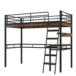 Lit Mezzanine 90x200 cm - Lit Ado avec Bureau et Étagères - Protection Anti-Chute Incluse - Métal et MDF - Noir - Sans Matelas