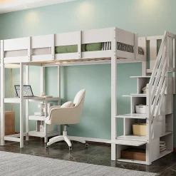 Lit mezzanine 90x200 cm - Lit avec rangement et étagère intégrée - Pin massif - Sans matelas - Blanc