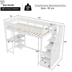 Lit mezzanine 90x200 cm - Lit avec rangement et étagère intégrée - Pin massif - Sans matelas - Blanc