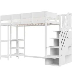 Lit mezzanine 90x200 cm - Lit avec rangement et étagère intégrée - Pin massif - Sans matelas - Blanc