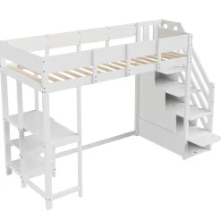 Lit mezzanine 90x200 cm - Lit avec rangement et étagère intégrée - Pin massif - Sans matelas - Blanc
