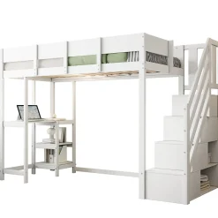 Lit mezzanine 90x200 cm - Lit avec rangement et étagère intégrée - Pin massif - Sans matelas - Blanc
